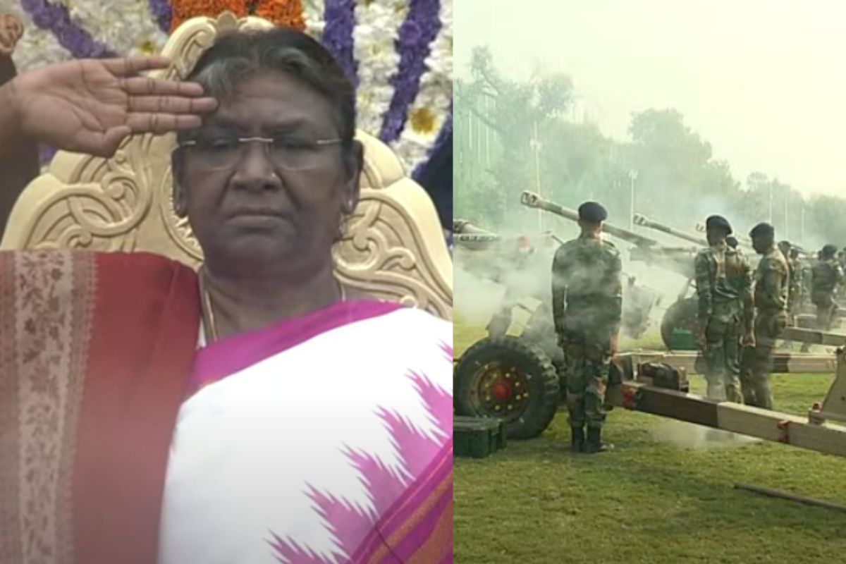 2023年共和国日:德鲁帕迪·穆穆总统展开三色旗，接受礼炮仪式
